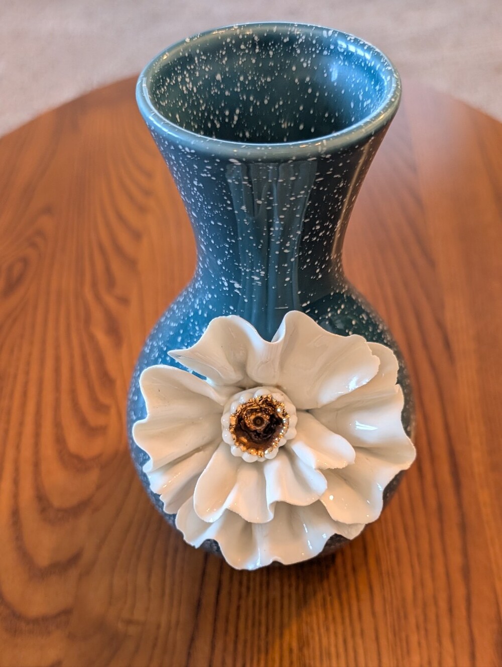 Anthropologie Teal Speckled Ceramic Vase with White Floral Accent